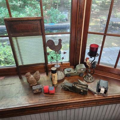 Collectible Decor Lot , National Washboard, Pickup sticks , Hyman Viener Charles Town Matches Holder and more