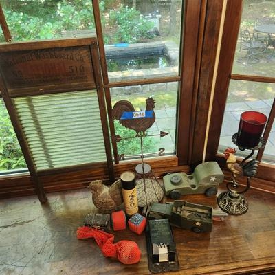Collectible Decor Lot , National Washboard, Pickup sticks , Hyman Viener Charles Town Matches Holder and more