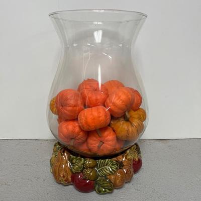 Sale Photo Thumbnail #11: Vase with Fall foliage, Chris Madden JCP large hurricane with lil’ pumpkins, and midcentury modern textile, approx 60” L x 56” W