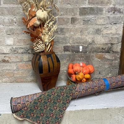 Sale Photo Thumbnail #7: Vase with Fall foliage, Chris Madden JCP large hurricane with lil’ pumpkins, and midcentury modern textile, approx 60” L x 56” W