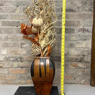 Sale Photo Thumbnail #8: Vase with Fall foliage, Chris Madden JCP large hurricane with lil’ pumpkins, and midcentury modern textile, approx 60” L x 56” W