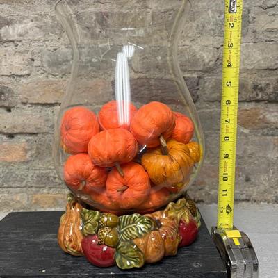 Sale Photo Thumbnail #10: Vase with Fall foliage, Chris Madden JCP large hurricane with lil’ pumpkins, and midcentury modern textile, approx 60” L x 56” W