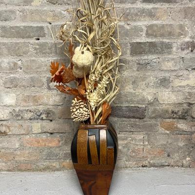 Sale Photo Thumbnail #9: Vase with Fall foliage, Chris Madden JCP large hurricane with lil’ pumpkins, and midcentury modern textile, approx 60” L x 56” W