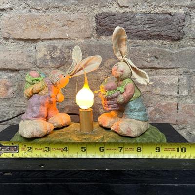 Sale Photo Thumbnail #14: Adorable lighted bunnies at a campfire by Vickie Jean’s Creations, dapper large bunny with his walking stick and small bunny with his pack from the Enesco Haresnickel line.