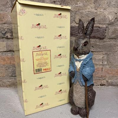 Sale Photo Thumbnail #18: Adorable lighted bunnies at a campfire by Vickie Jean’s Creations, dapper large bunny with his walking stick and small bunny with his pack from the Enesco Haresnickel line.
