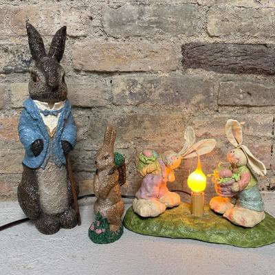 Sale Photo Thumbnail #16: Adorable lighted bunnies at a campfire by Vickie Jean’s Creations, dapper large bunny with his walking stick and small bunny with his pack from the Enesco Haresnickel line.