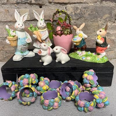 Sale Photo Thumbnail #25: Sweet little bunny salt & pepper shakers,  porcelain bunnies figurine, egg basket, a pair of resin bunny figurines, and a set of Easter napkin rings