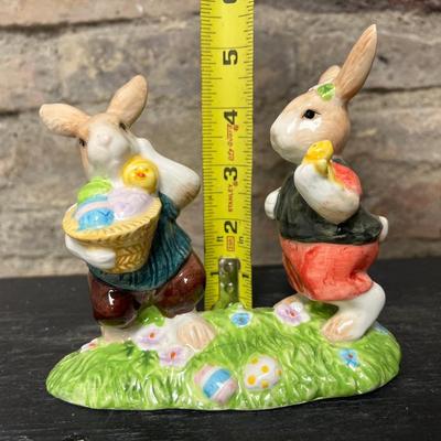 Sale Photo Thumbnail #22: Sweet little bunny salt & pepper shakers,  porcelain bunnies figurine, egg basket, a pair of resin bunny figurines, and a set of Easter napkin rings