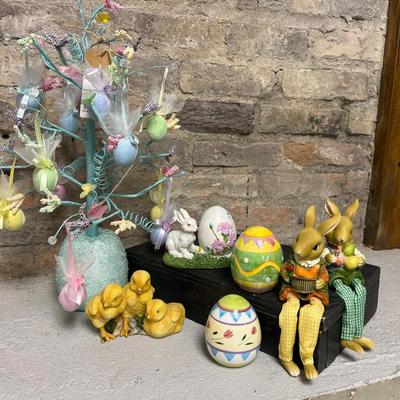 Sale Photo Thumbnail #35: Aqua egg tree, pair of shelf sitter bunnies, pair of painted ceramic eggs, 3 little chicks figurine, and hibiscus egg decor