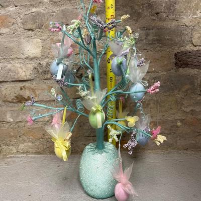 Sale Photo Thumbnail #36: Aqua egg tree, pair of shelf sitter bunnies, pair of painted ceramic eggs, 3 little chicks figurine, and hibiscus egg decor