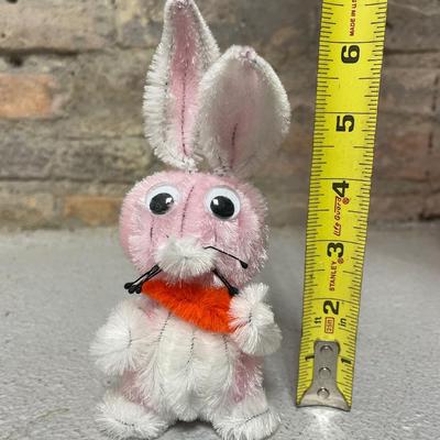 Sale Photo Thumbnail #44: Vintage macrame basket and figures, adorable little pipe cleaner bunny, cutwork parasol, bright baskets, pair of bunny candle huggers, and set of three nesting Easter baskets