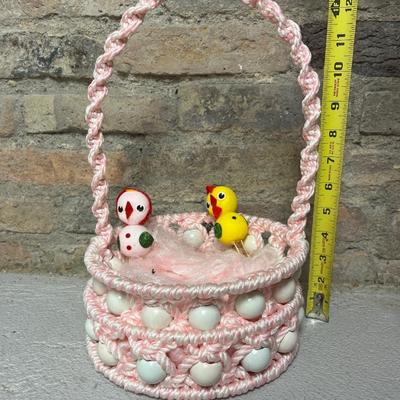 Sale Photo Thumbnail #43: Vintage macrame basket and figures, adorable little pipe cleaner bunny, cutwork parasol, bright baskets, pair of bunny candle huggers, and set of three nesting Easter baskets