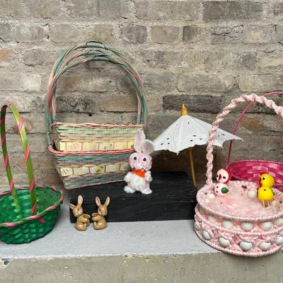 Sale Photo Thumbnail #42: Vintage macrame basket and figures, adorable little pipe cleaner bunny, cutwork parasol, bright baskets, pair of bunny candle huggers, and set of three nesting Easter baskets