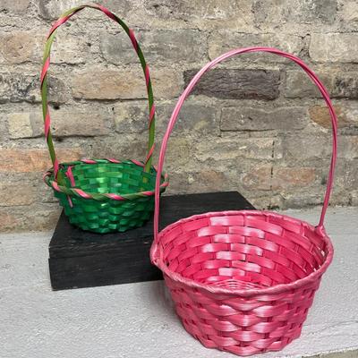 Sale Photo Thumbnail #48: Vintage macrame basket and figures, adorable little pipe cleaner bunny, cutwork parasol, bright baskets, pair of bunny candle huggers, and set of three nesting Easter baskets
