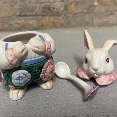 Sale Photo Thumbnail #53: Sweet little salt and pepper shakers and clever cream & sugar set. Sugar bunny’s rose is the end of the spoon!