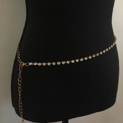Cute rhinestone, gold tone, chain waist belt, vintage