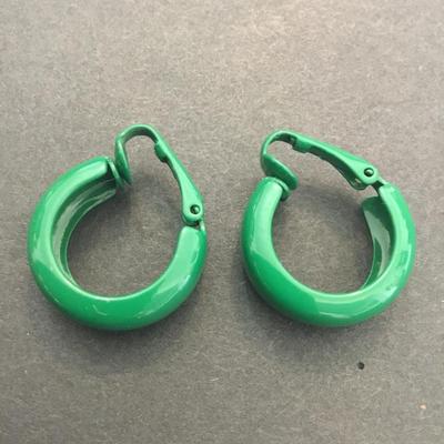 Vintage green enamel hoop clip on earrings.