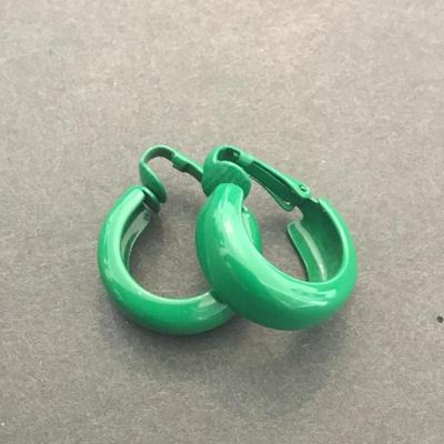 Vintage green enamel hoop clip on earrings.