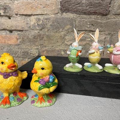 Sale Photo Thumbnail #66: Pair of ceramic chicks and trio of bunny figurines