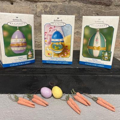 Sale Photo Thumbnail #69: Hallmark Easter Egg Surprise chick, duck and rabbit eggs and set of miniature egg and carrot ornaments
