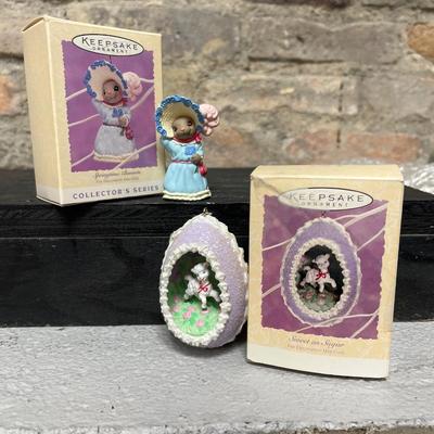 Sale Photo Thumbnail #81: Two Apple Blossom Lane ornaments, Springtime Bonnets, Sweet as Sugar, Passenger Car from Cottontail Express, and Gentle Guardian