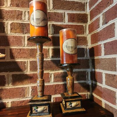 2 Heavy Candle Holders Duck Call w 2 Pheasant Hill Pillar Candles