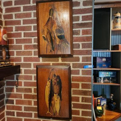 2 Wood Wall Art Pheasant & Fish 15x22