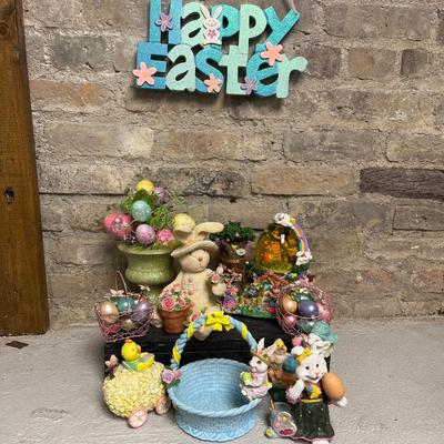 Sale Photo Thumbnail #102: Happy Easter hanging sign, egg snow globe with original box, glittery Easter decor, blue bunny basket, “knitted” bunny figurine, painting eggs figurine and bunny & chick figurine
