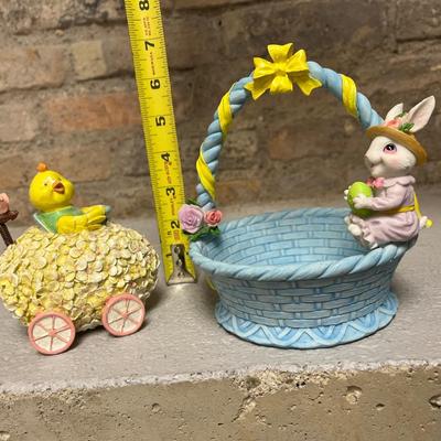 Sale Photo Thumbnail #107: Happy Easter hanging sign, egg snow globe with original box, glittery Easter decor, blue bunny basket, “knitted” bunny figurine, painting eggs figurine and bunny & chick figurine