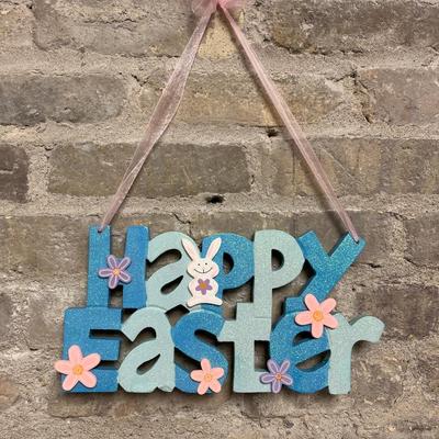 Sale Photo Thumbnail #103: Happy Easter hanging sign, egg snow globe with original box, glittery Easter decor, blue bunny basket, “knitted” bunny figurine, painting eggs figurine and bunny & chick figurine