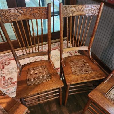 4 Antique Pressed Back Cane Seat Oak Chairs Heywood Brothers Wakefield Co. Baltimore