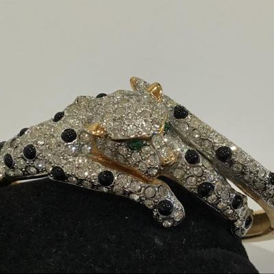 Lounging Leopard Locking Bracelet Crystal and Rhinestone