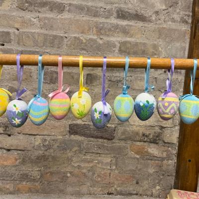 Sale Photo Thumbnail #114: Wooden painted eggs, Easter egg carriage decor, bunnies with fabric ears and two different sets of Easter egg ornaments