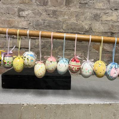 Sale Photo Thumbnail #117: Wooden painted eggs, Easter egg carriage decor, bunnies with fabric ears and two different sets of Easter egg ornaments
