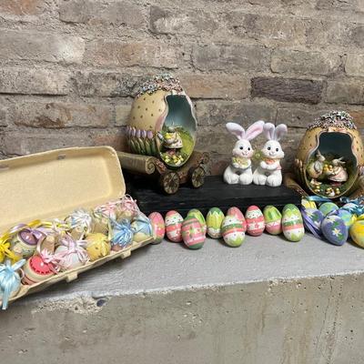 Sale Photo Thumbnail #110: Wooden painted eggs, Easter egg carriage decor, bunnies with fabric ears and two different sets of Easter egg ornaments