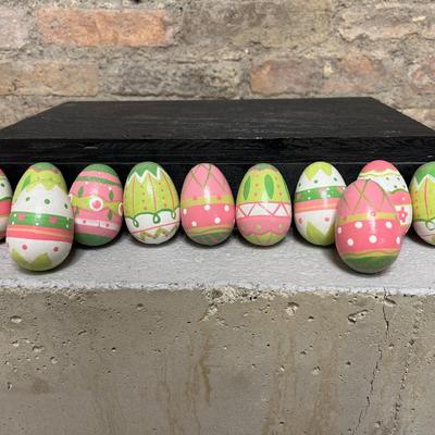 Sale Photo Thumbnail #111: Wooden painted eggs, Easter egg carriage decor, bunnies with fabric ears and two different sets of Easter egg ornaments