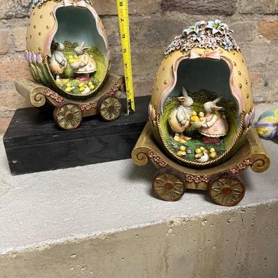 Sale Photo Thumbnail #112: Wooden painted eggs, Easter egg carriage decor, bunnies with fabric ears and two different sets of Easter egg ornaments