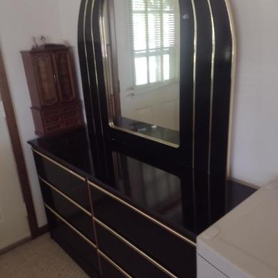 Vintage Black Lacquer Six Drawer Dresser with Mirror