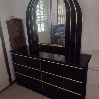 Vintage Black Lacquer Six Drawer Dresser with Mirror