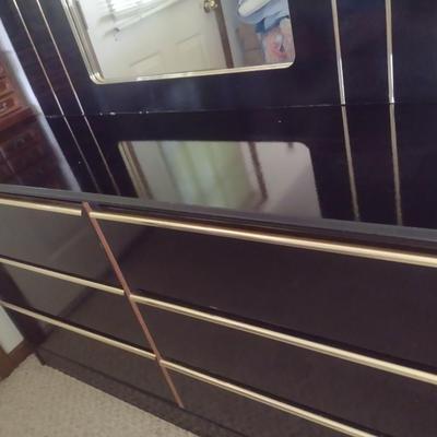 Vintage Black Lacquer Six Drawer Dresser with Mirror