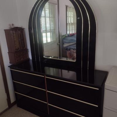 Vintage Black Lacquer Six Drawer Dresser with Mirror