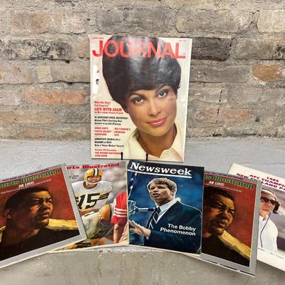 Sale Photo Thumbnail #143: October 1966 Newsweek featuring RFK, October’66 SI featuring BART Starr, May 1967 LHJ featuring a political figure, two copies of the September’85 SI featuring Joe Louis, and a 1985 NE Patriots booklet