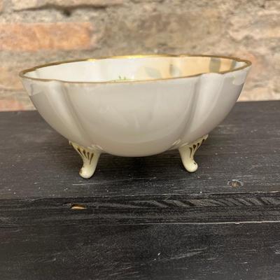 Sale Photo Thumbnail #168: Beautiful 1940’s 2 handled green and yellow roses square bowl, 2 handled small vase and 3 toed nut dish with rust colored roses