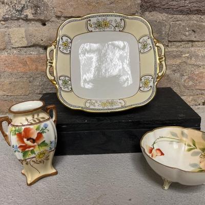 Sale Photo Thumbnail #161: Beautiful 1940’s 2 handled green and yellow roses square bowl, 2 handled small vase and 3 toed nut dish with rust colored roses