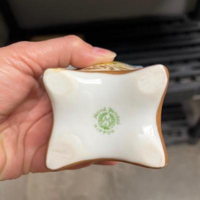 Sale Photo Thumbnail #166: Beautiful 1940’s 2 handled green and yellow roses square bowl, 2 handled small vase and 3 toed nut dish with rust colored roses