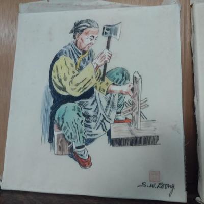 Pair of Asian Themed Art on Silk Signed by Artist