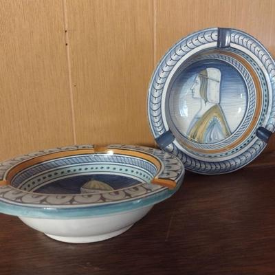 Pair of Hand Painted Portrait Italian Pottery Ashtrays