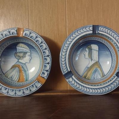 Pair of Hand Painted Portrait Italian Pottery Ashtrays