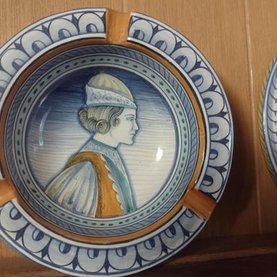 Pair of Hand Painted Portrait Italian Pottery Ashtrays