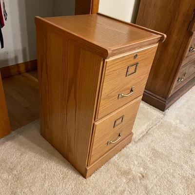 Two-Drawer Wooden File Cabinet with Brass Handles and Locking Mechanism